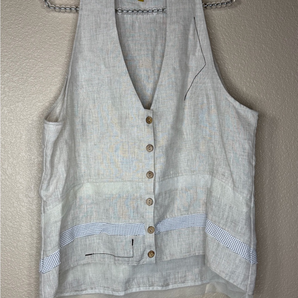 Donna By Donna Vinci Women's Button-Down‎ Linen vest beige neutral artsy